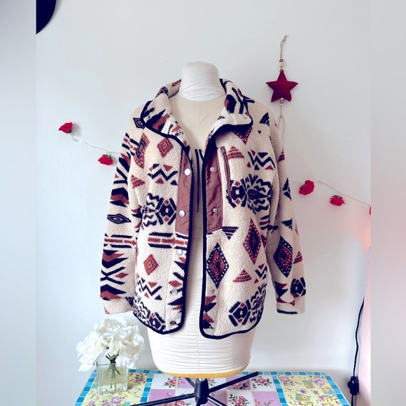 Aztec Tribal Cream Brown Sherpa Coat Shacket L - Picture 4 of 4
